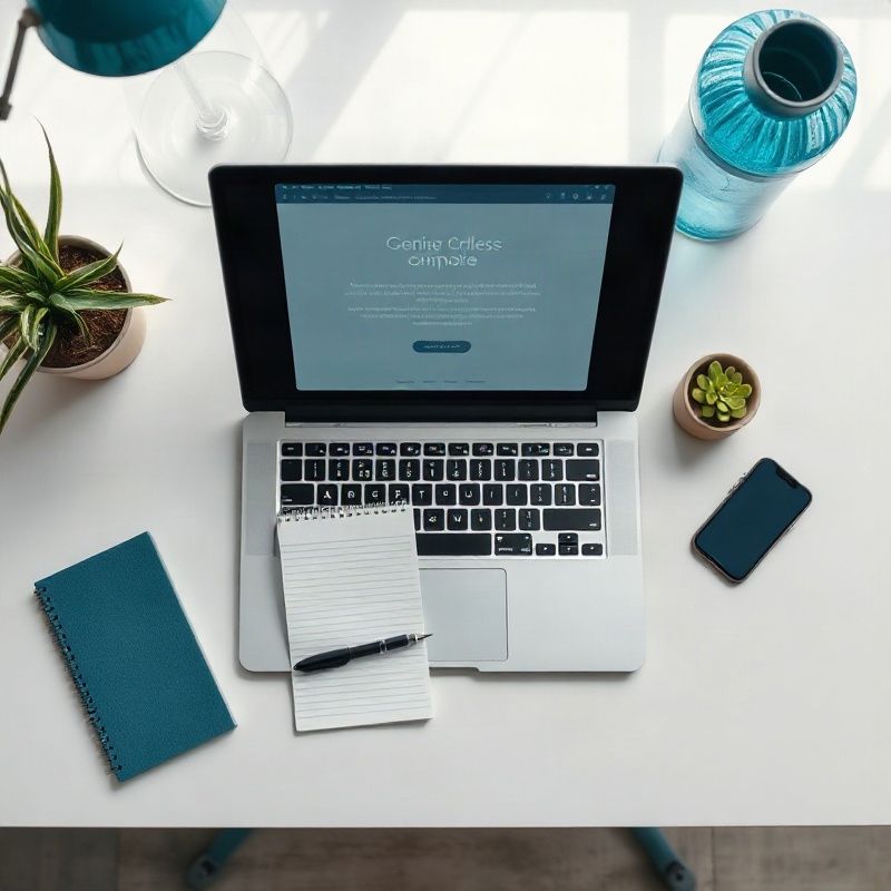 Escritorio editorial con laptop, cuaderno y objetos con acentos teal