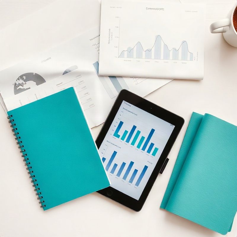 Escritorio editorial con informes económicos impresos y una tablet mostrando gráficos