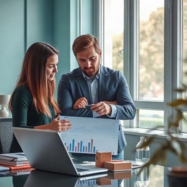 Analista de datos y periodista colaborando frente a un laptop con gráficos económicos
